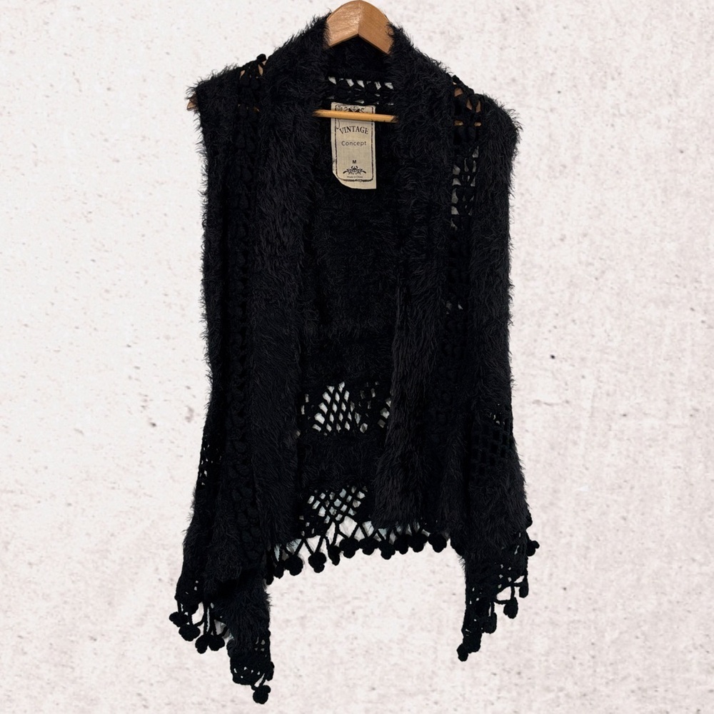 Vintage Black Fringe Knit Poncho Sweater